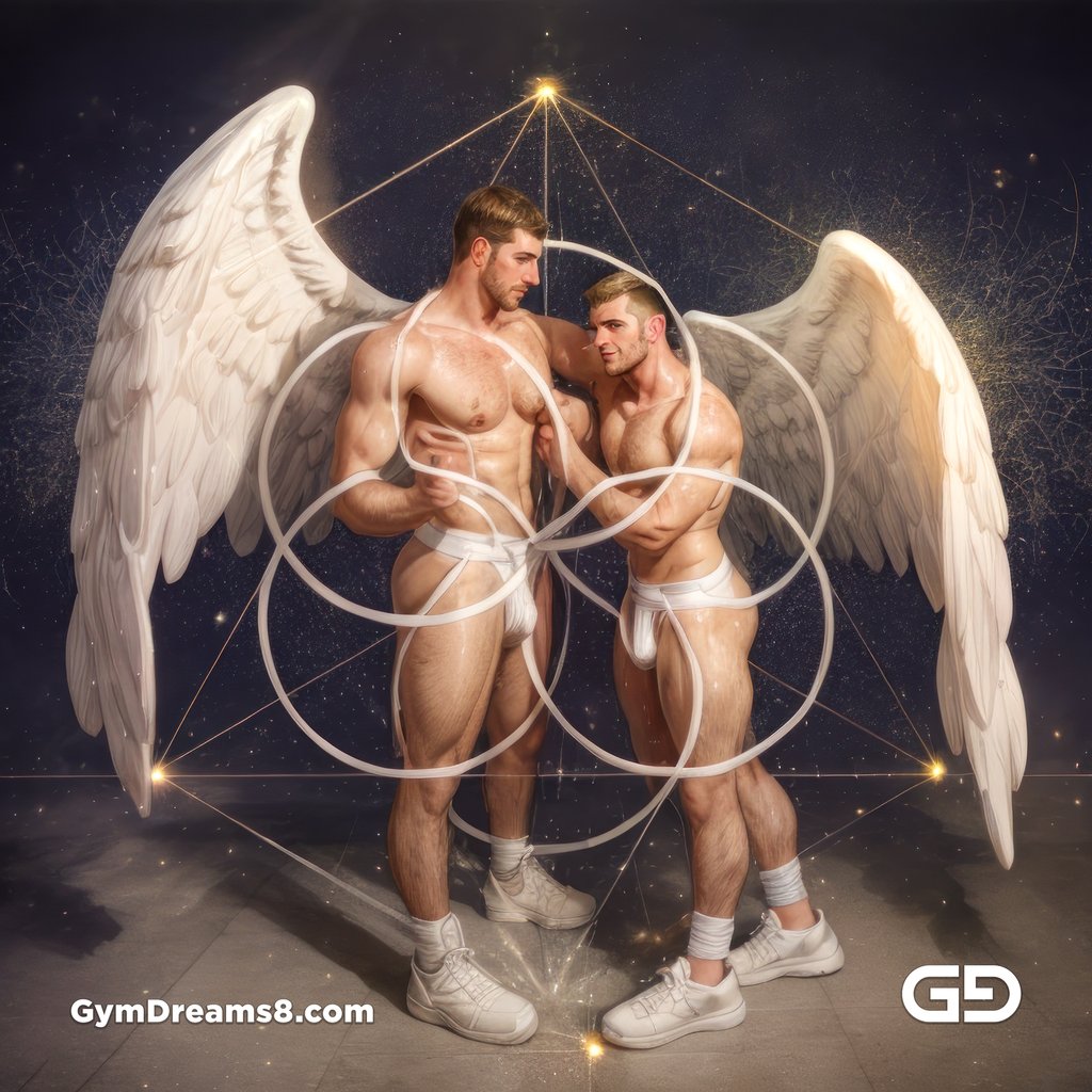 Seed of Life - Angel Couple Kissing in Jockstrap. Sacred Geometry series. Stable Diffusion, Virile Fusion, and Control Net.