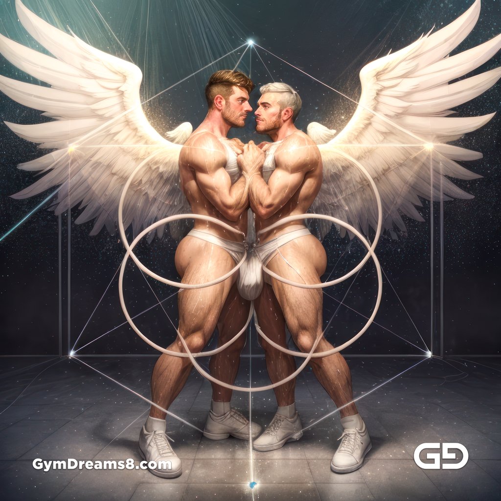 Seed of Life - Angel Couple Kissing in Jockstrap. Sacred Geometry series. Stable Diffusion, Virile Fusion, and Control Net.