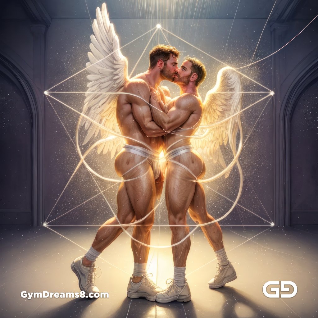 Seed of Life - Angel Couple Kissing in Jockstrap. Sacred Geometry series. Stable Diffusion, Virile Fusion, and Control Net.