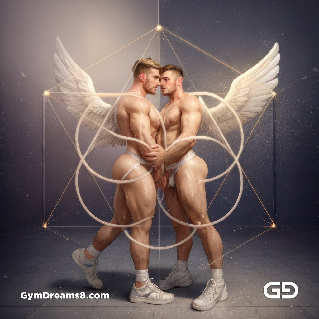 Seed of Life - Angel Couple Kissing in Jockstrap. Sacred Geometry series. Stable Diffusion, Virile Fusion, and Control Net.