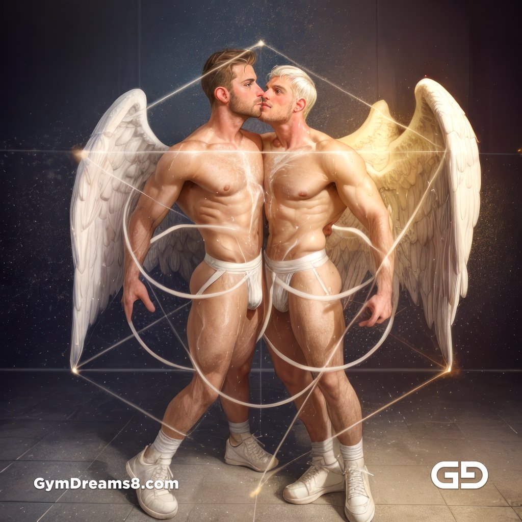 Seed of Life - Angel Couple Kissing in Jockstrap. Sacred Geometry series. Stable Diffusion, Virile Fusion, and Control Net.