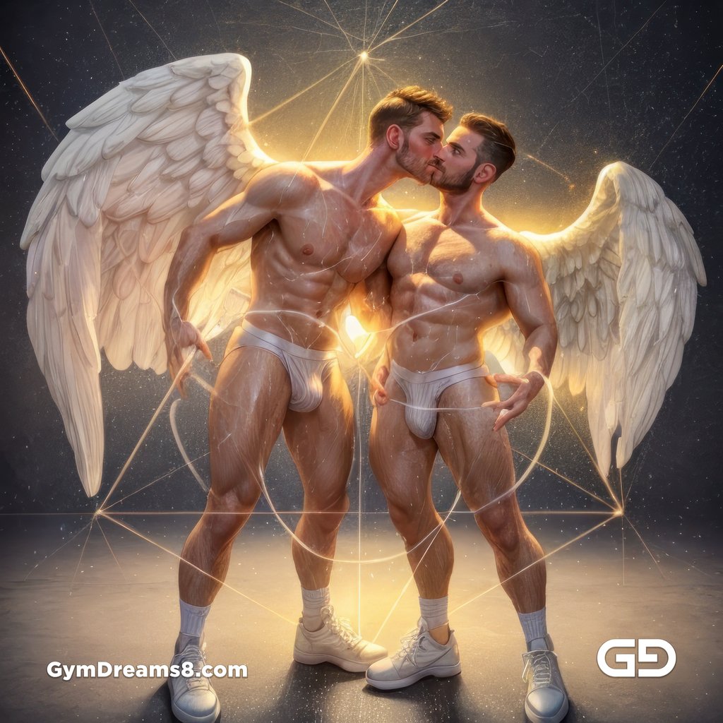 Seed of Life - Angel Couple Kissing in Jockstrap. Sacred Geometry series. Stable Diffusion, Virile Fusion, and Control Net.