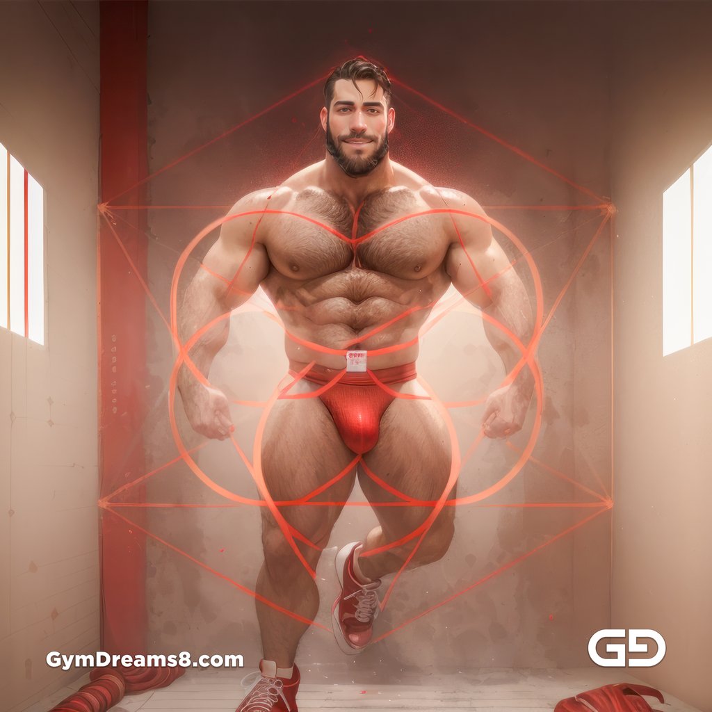 Seed of Life - Jock in Red. Sacred Geometry series. Stable Diffusion and Hunk with Latex, Jockstrap.
