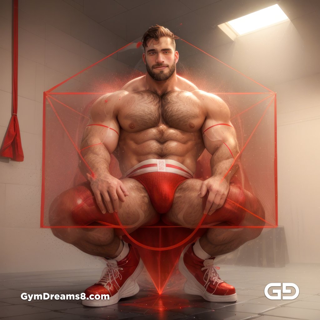 Seed of Life - Jock in Red. Sacred Geometry series. Stable Diffusion and Hunk with Latex, Jockstrap.