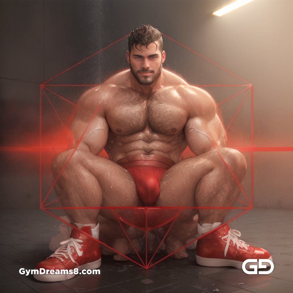 Seed of Life - Jock in Red. Sacred Geometry series. Stable Diffusion and Hunk with Latex, Jockstrap.