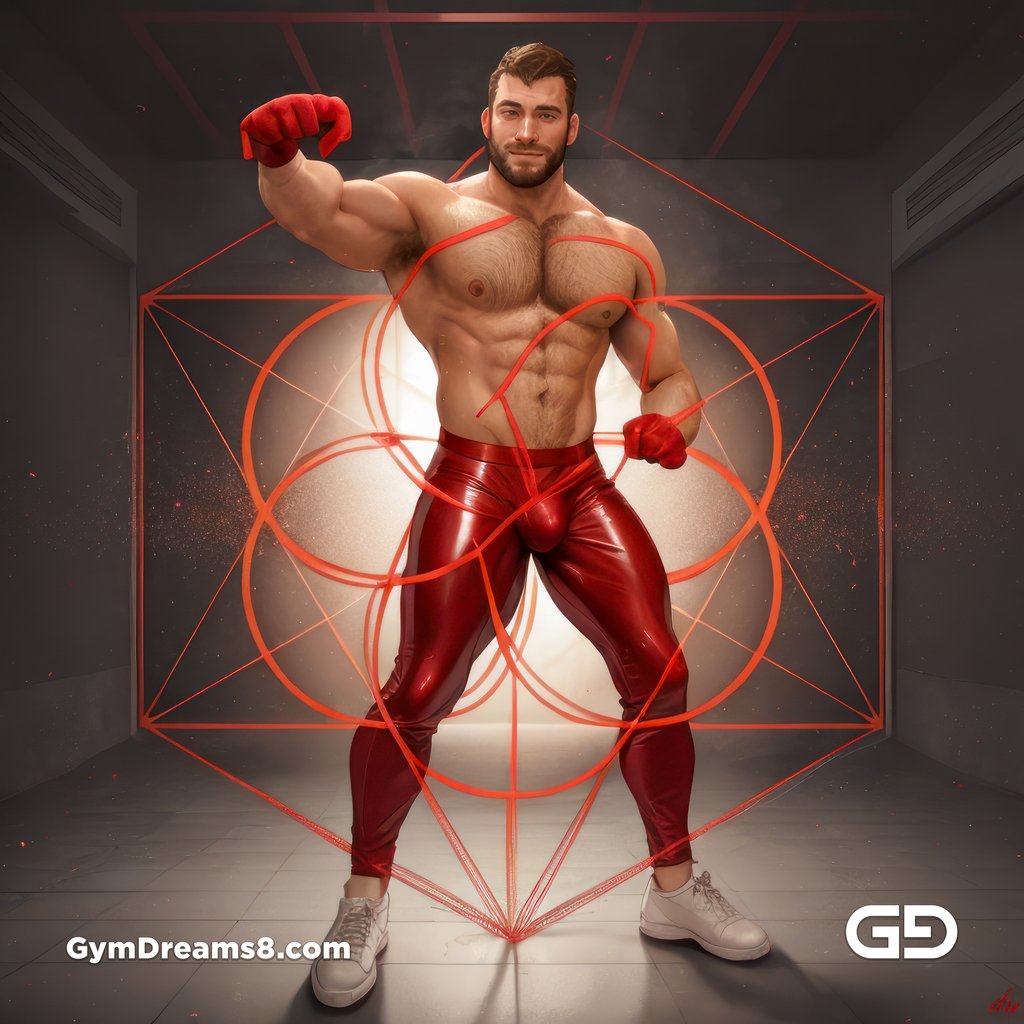 Seed of Life - Jock in Red. Sacred Geometry series. Stable Diffusion and Hunk with Latex, Jockstrap.