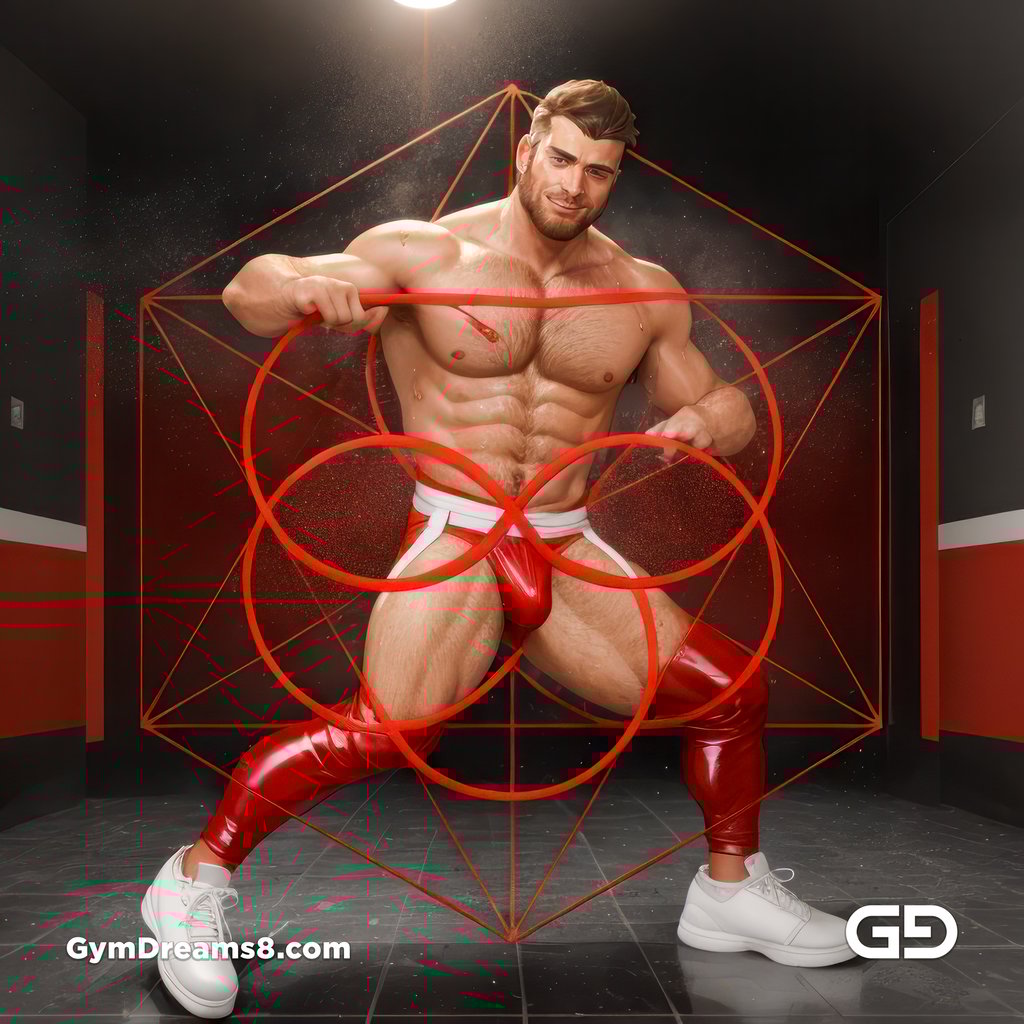 Seed of Life - Jock in Red. Sacred Geometry series. Stable Diffusion and Hunk with Latex, Jockstrap.