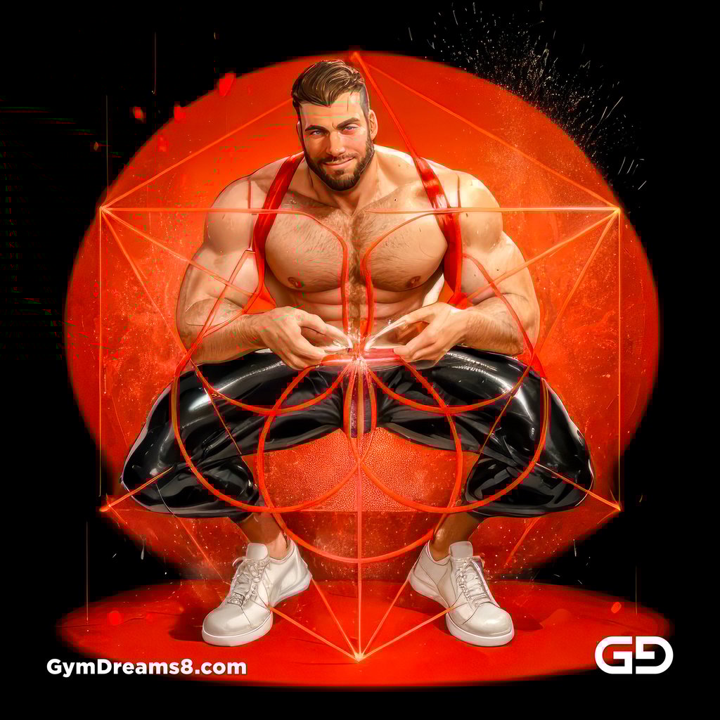 Seed of Life - Hunk in Red. Sacred Geometry series. Stable Diffusion and Hunk with Latex, Jockstrap.