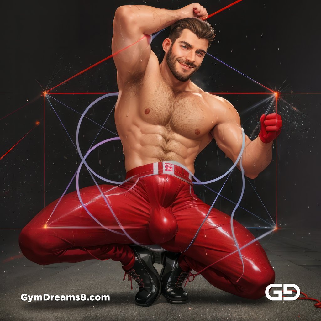 Seed of Life - Jock in Red. Sacred Geometry series. Stable Diffusion and Hunk with Latex, Jockstrap.
