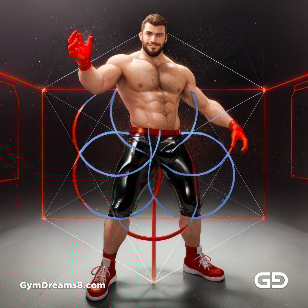 Seed of Life - Jock in Red. Sacred Geometry series. Stable Diffusion and Hunk with Latex, Jockstrap.