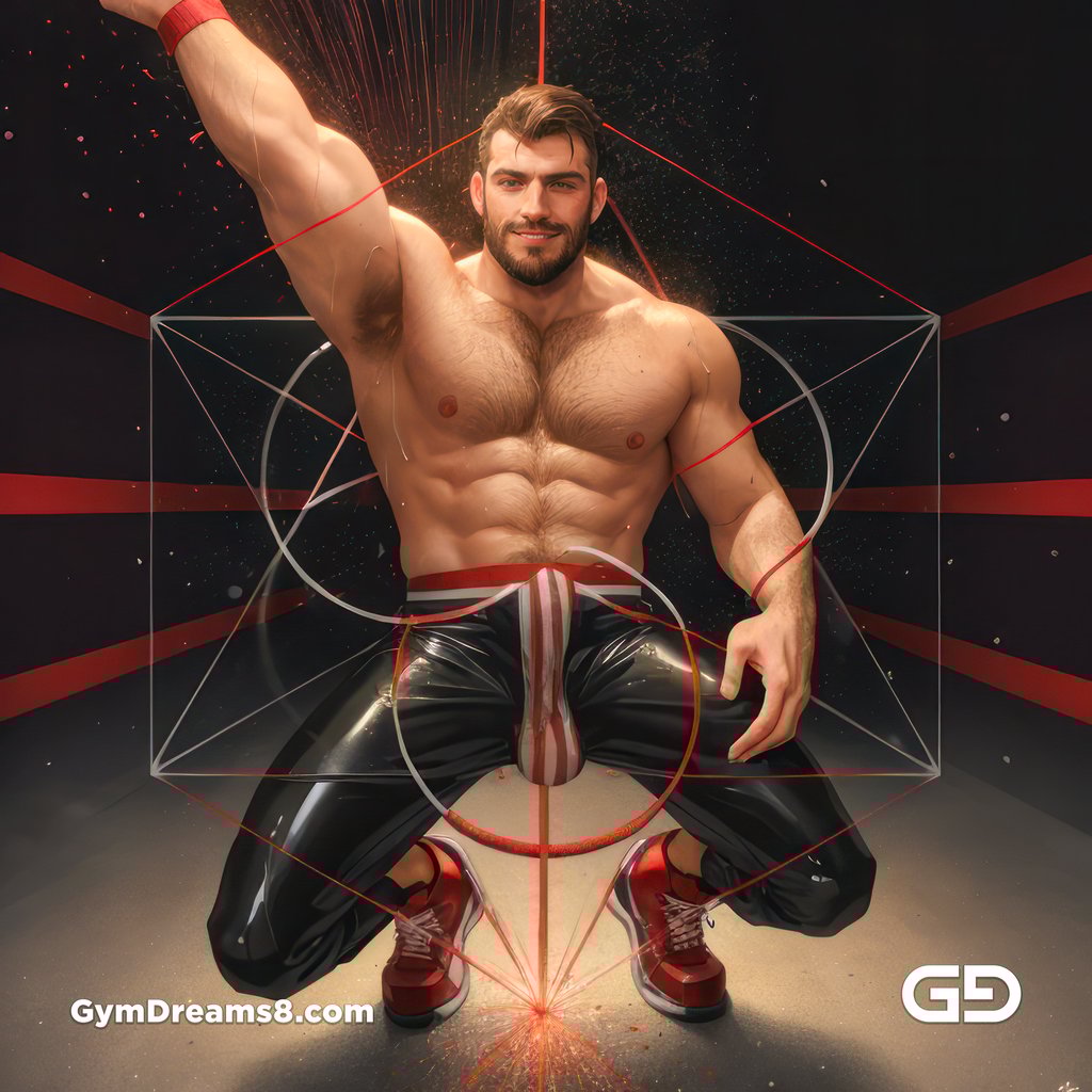 Seed of Life - Jock in Red. Sacred Geometry series. Stable Diffusion and Hunk with Latex, Jockstrap.