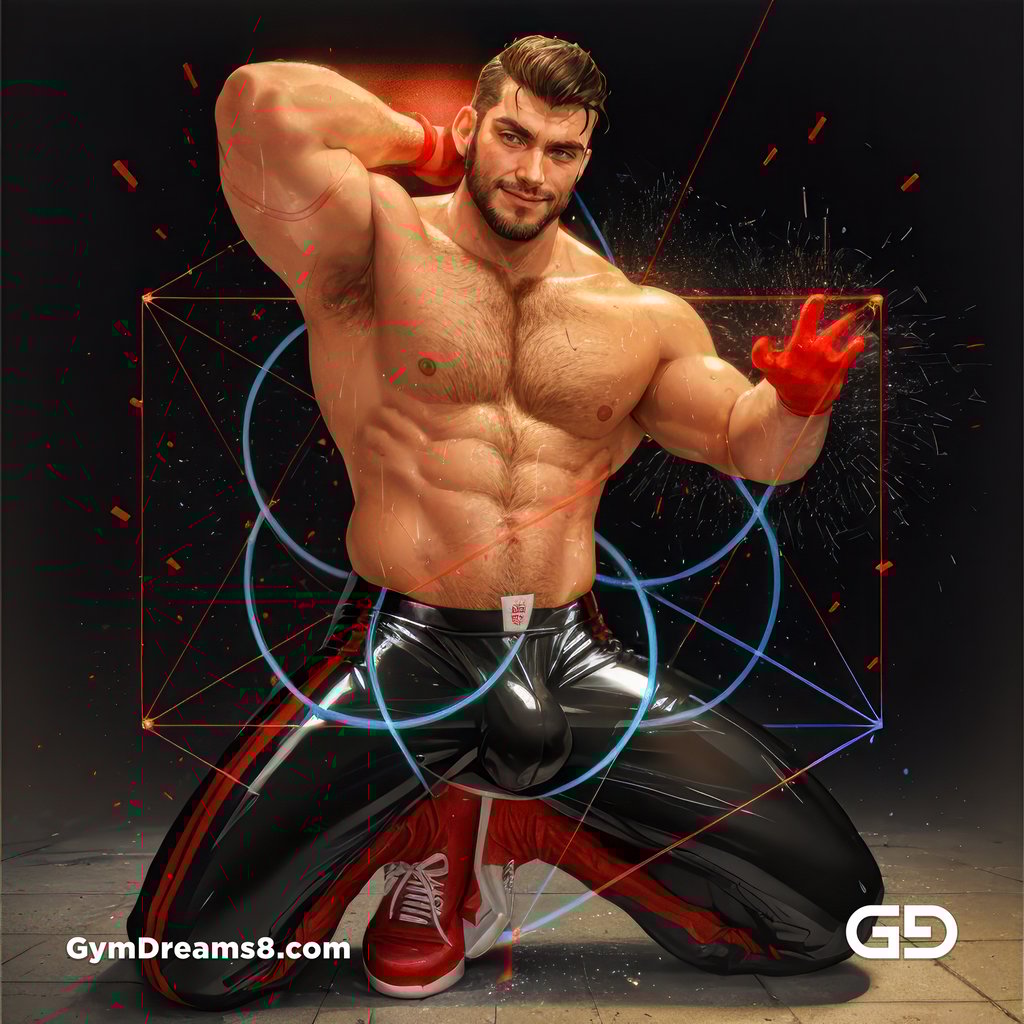 Seed of Life - Jock in Red. Sacred Geometry series. Stable Diffusion and Hunk with Latex, Jockstrap.