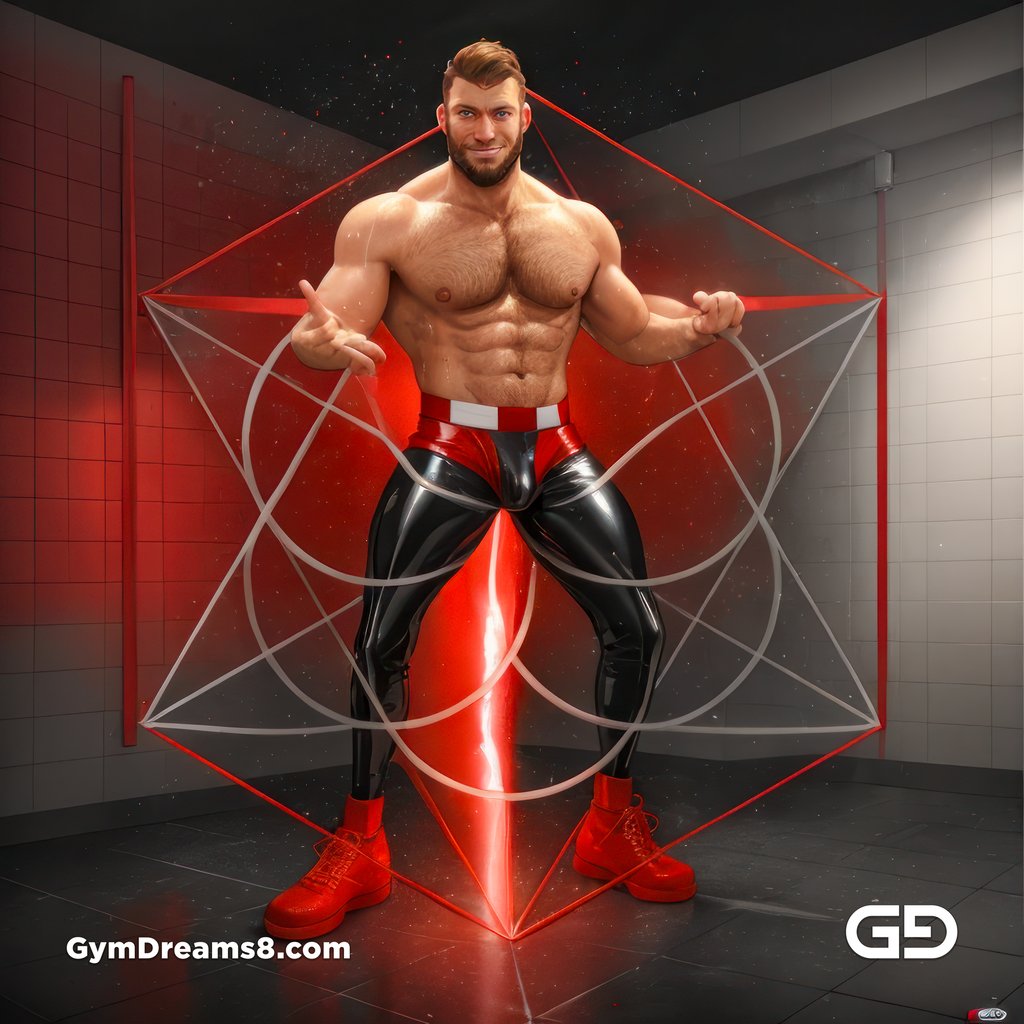Seed of Life - Jock in Red. Sacred Geometry series. Stable Diffusion and Hunk with Latex, Jockstrap.