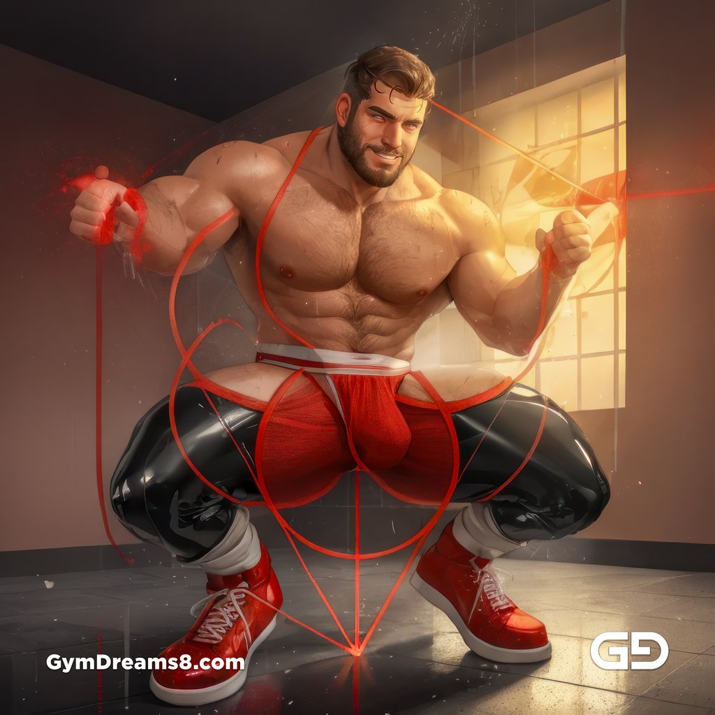 Seed of Life - Jock in Red. Sacred Geometry series. Stable Diffusion and Hunk with Latex, Jockstrap.
