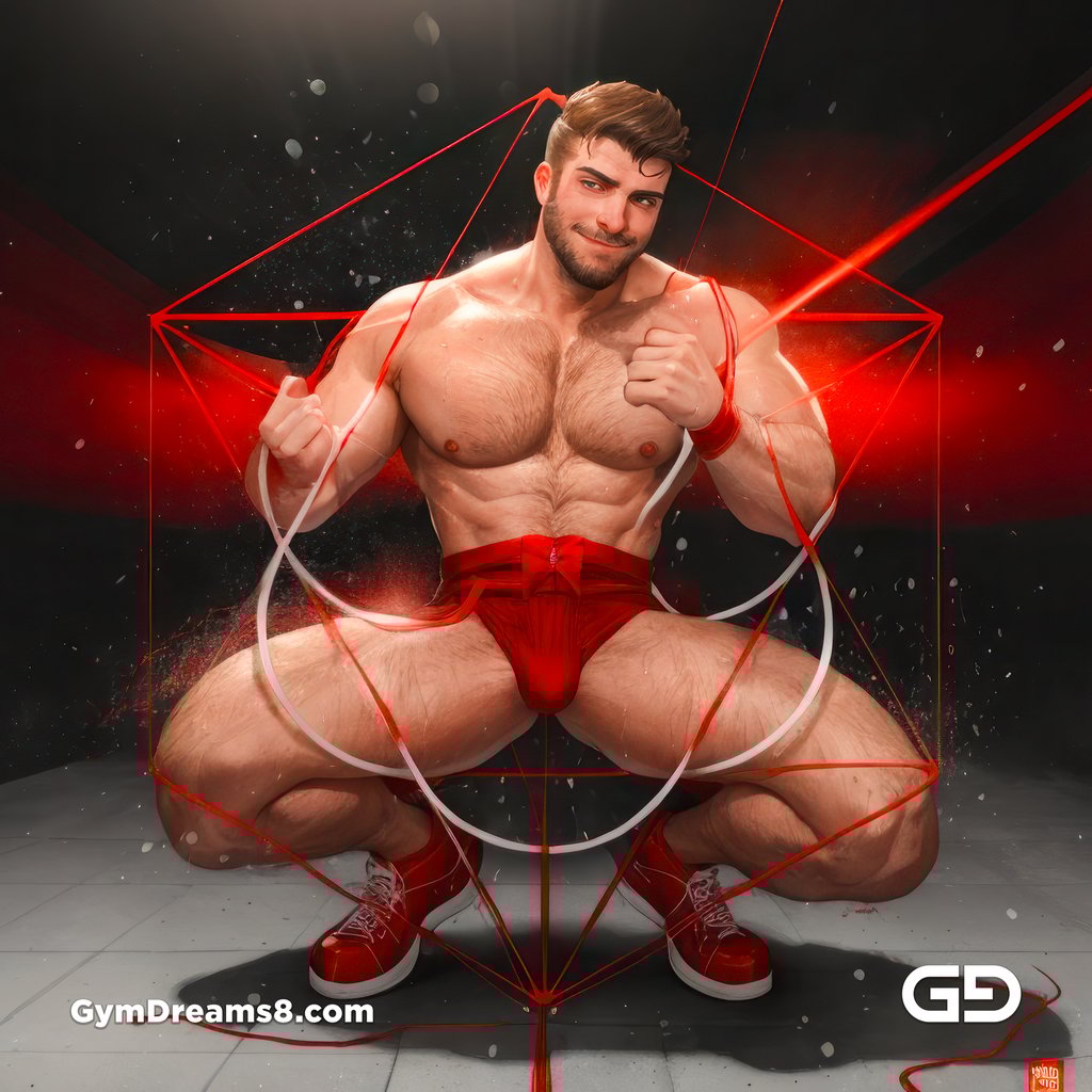 Seed of Life - Jock in Red. Sacred Geometry series. Stable Diffusion and Hunk with Latex, Jockstrap.