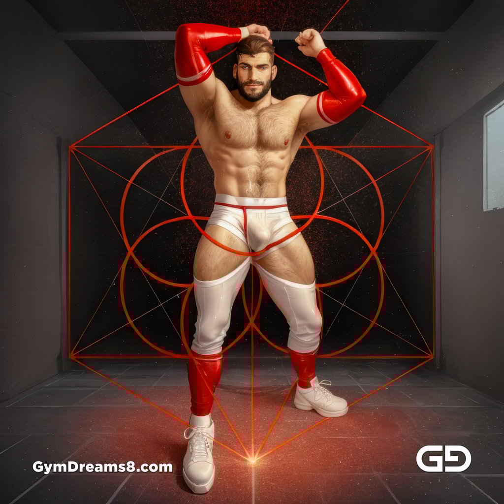 Seed of Life - Jock in Red. Sacred Geometry series. Stable Diffusion and Hunk with Latex, Jockstrap.