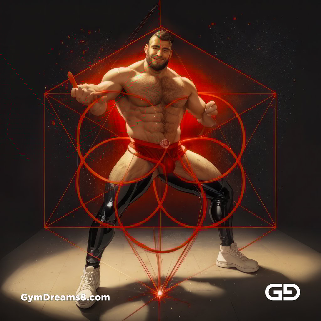 Seed of Life - Jock in Red. Sacred Geometry series. Stable Diffusion and Hunk with Latex, Jockstrap.