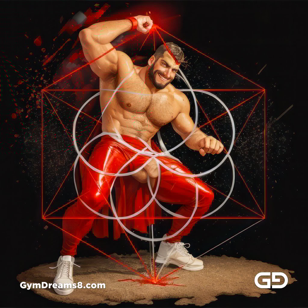 Seed of Life - Jock in Red. Sacred Geometry series. Stable Diffusion and Hunk with Latex, Jockstrap.