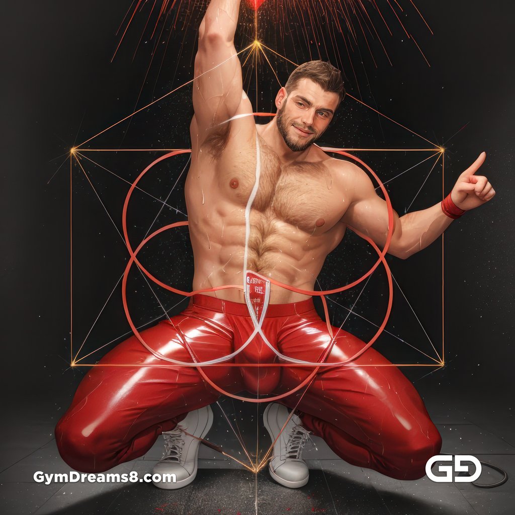 Seed of Life - Jock in Red. Sacred Geometry series. Stable Diffusion and Hunk with Latex, Jockstrap.