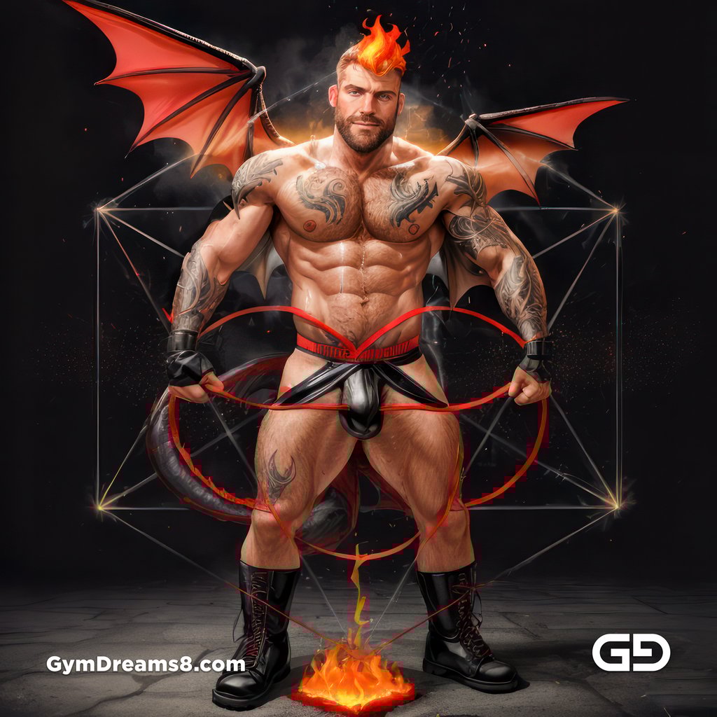 Seed of Life - Demon in Red. Sacred Geometry series. Stable Diffusion and Hunk with Latex, Jockstrap.