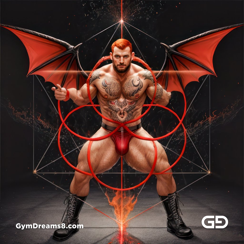 Seed of Life - Demon in Red. Sacred Geometry series. Stable Diffusion and Hunk with Latex, Jockstrap.