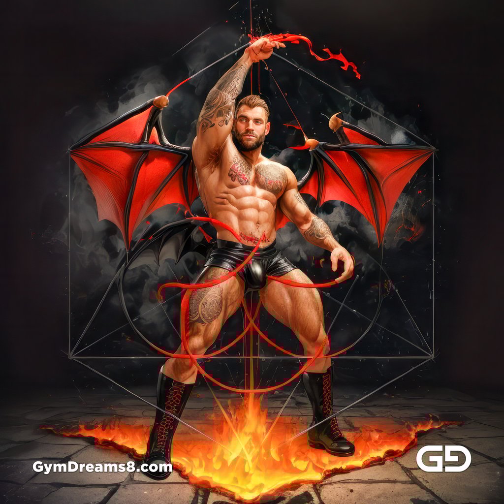 Seed of Life - Demon in Red. Sacred Geometry series. Stable Diffusion and Hunk with Latex, Jockstrap.