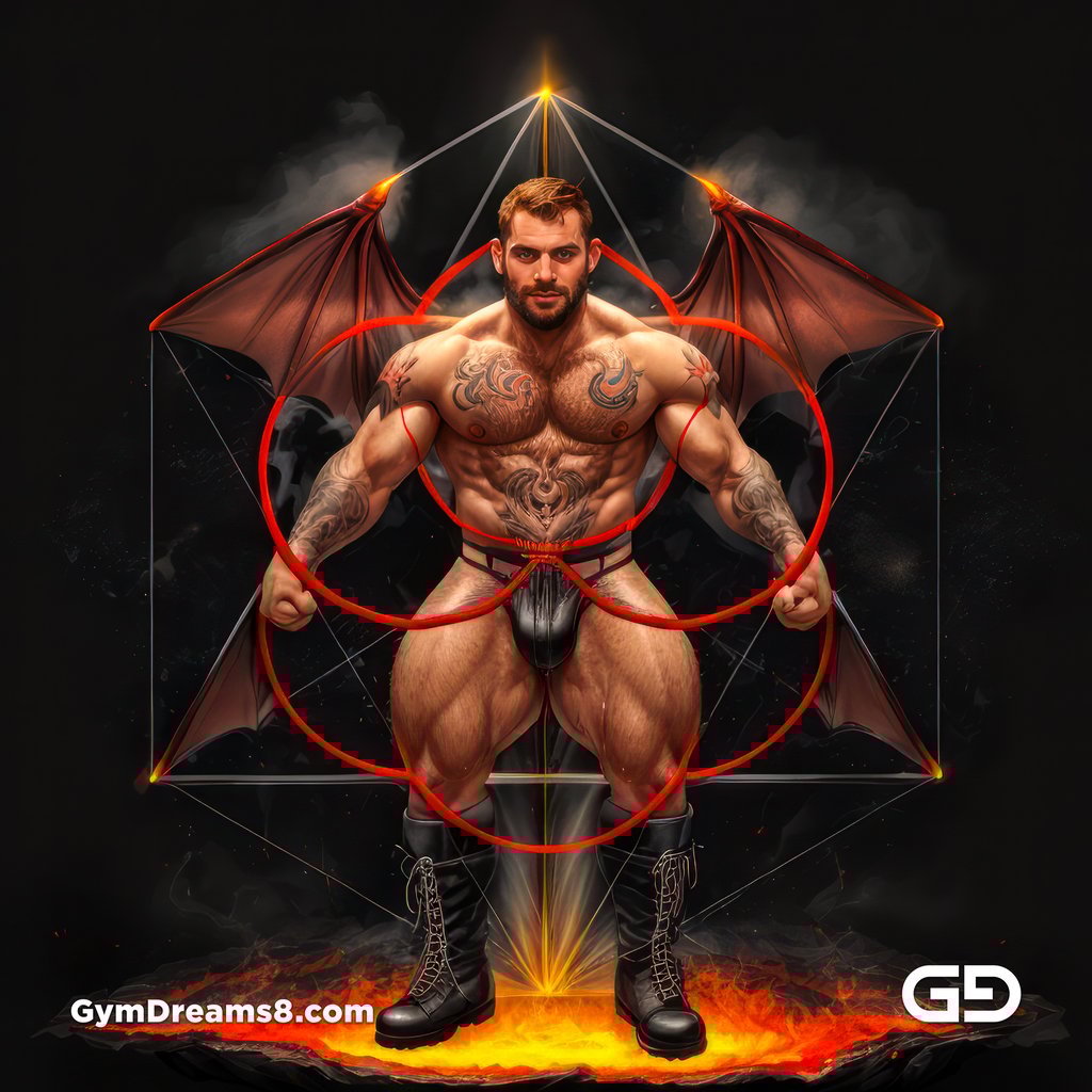 Seed of Life - Demon in Red. Sacred Geometry series. Stable Diffusion and Hunk with Latex, Jockstrap.