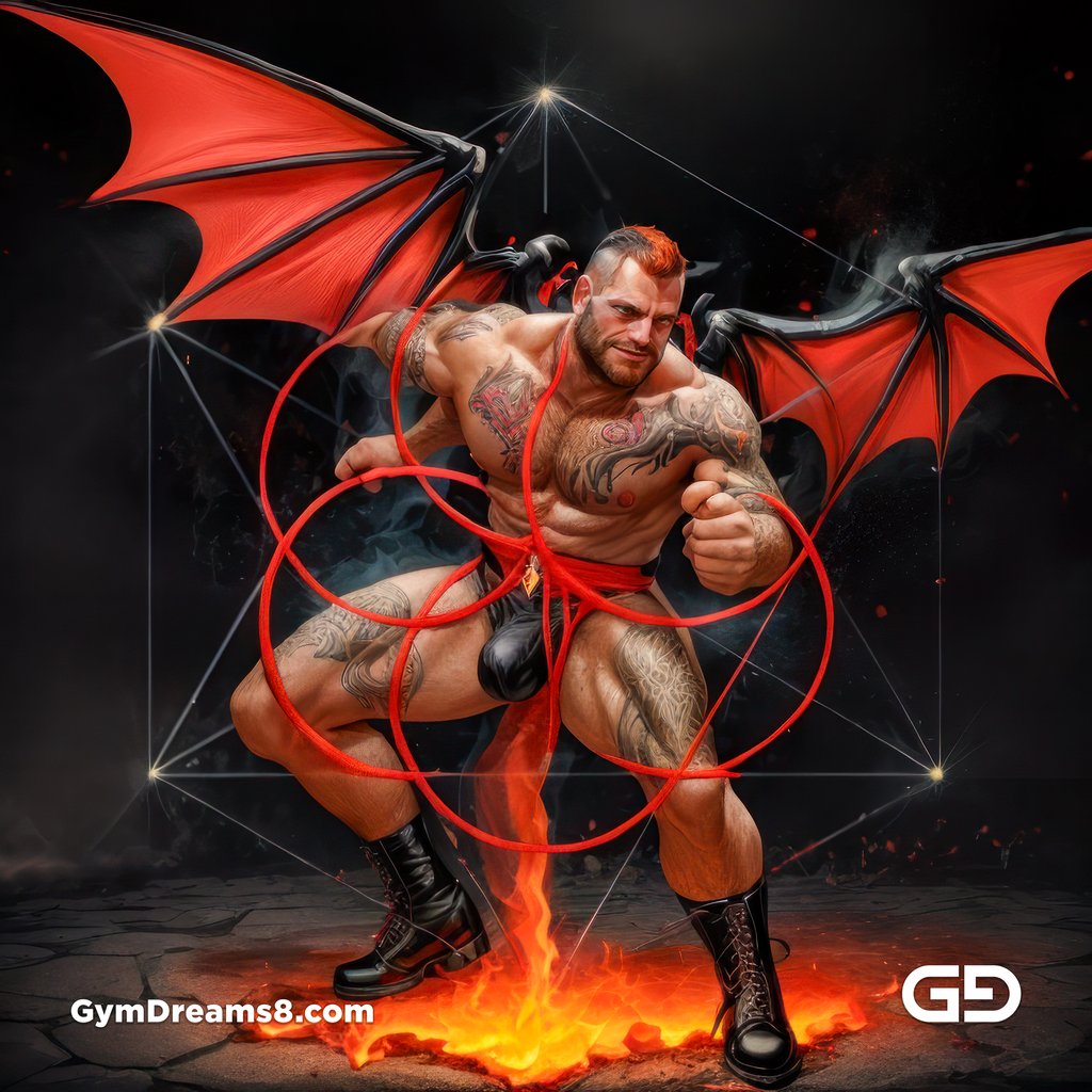 Seed of Life - Demon in Red. Sacred Geometry series. Stable Diffusion and Hunk with Latex, Jockstrap.
