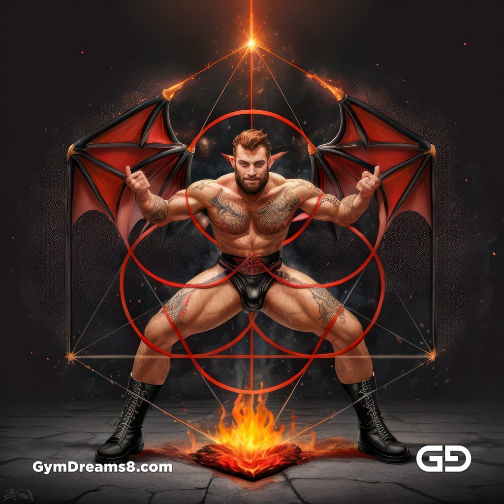 Seed of Life - Demon in Red. Sacred Geometry series. Stable Diffusion and Hunk with Latex, Jockstrap.