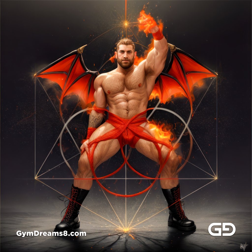 Seed of Life - Demon in Red. Sacred Geometry series. Stable Diffusion and Hunk with Latex, Jockstrap.