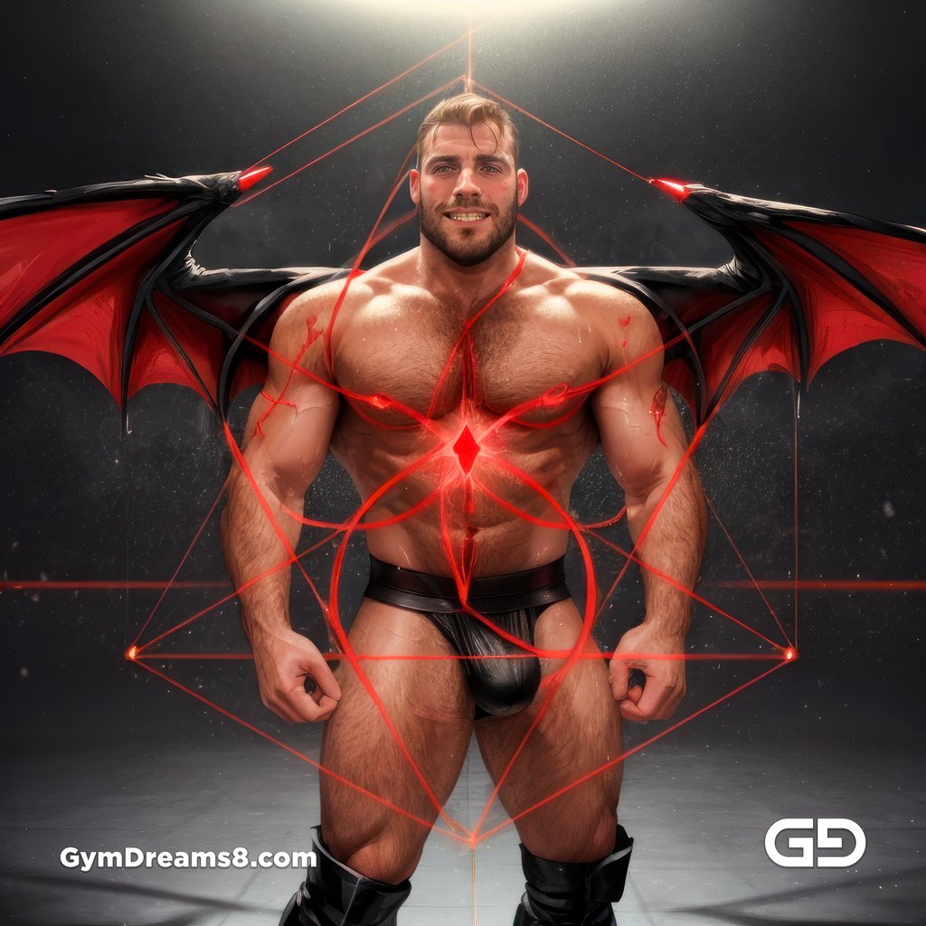 Seed of Life - Demon in Red. Sacred Geometry series. Stable Diffusion and Hunk with Latex, Jockstrap.