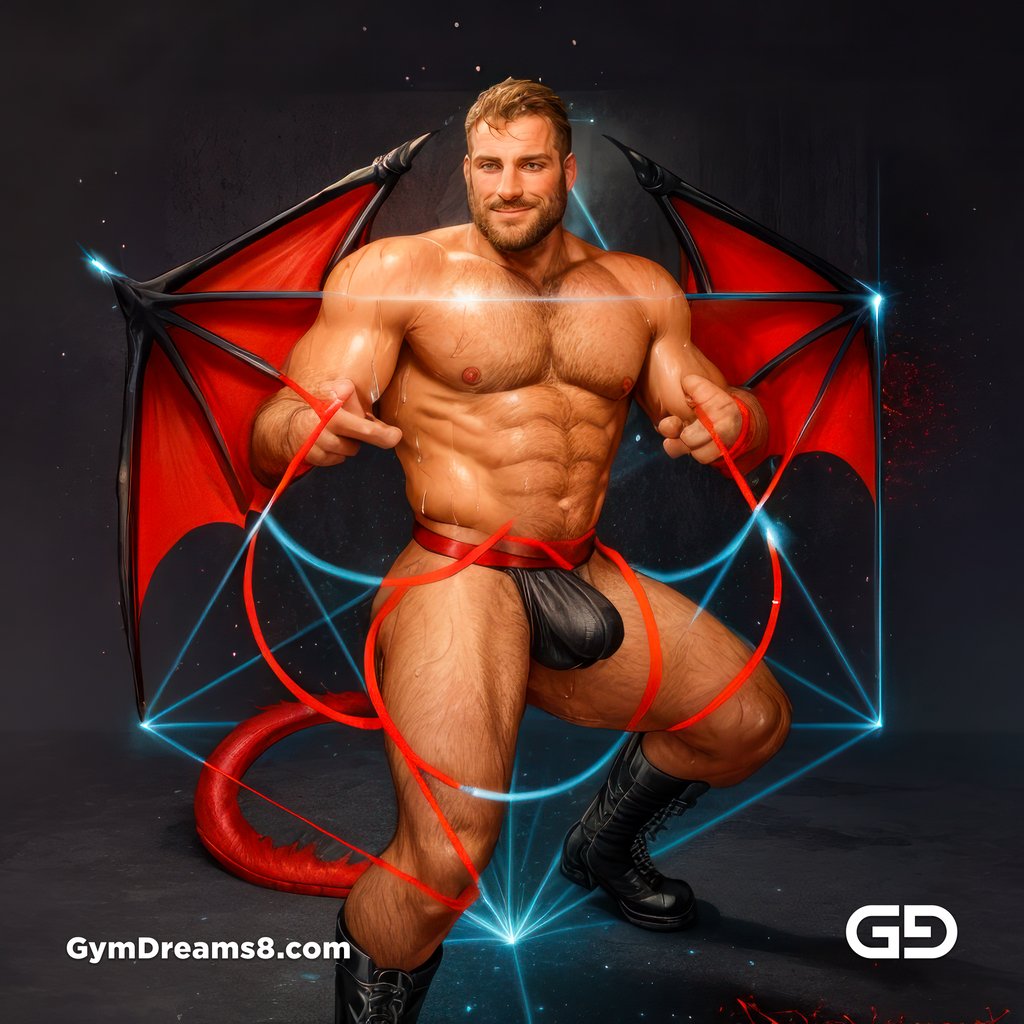 Seed of Life - Demon in Red. Sacred Geometry series. Stable Diffusion and Hunk with Latex, Jockstrap.