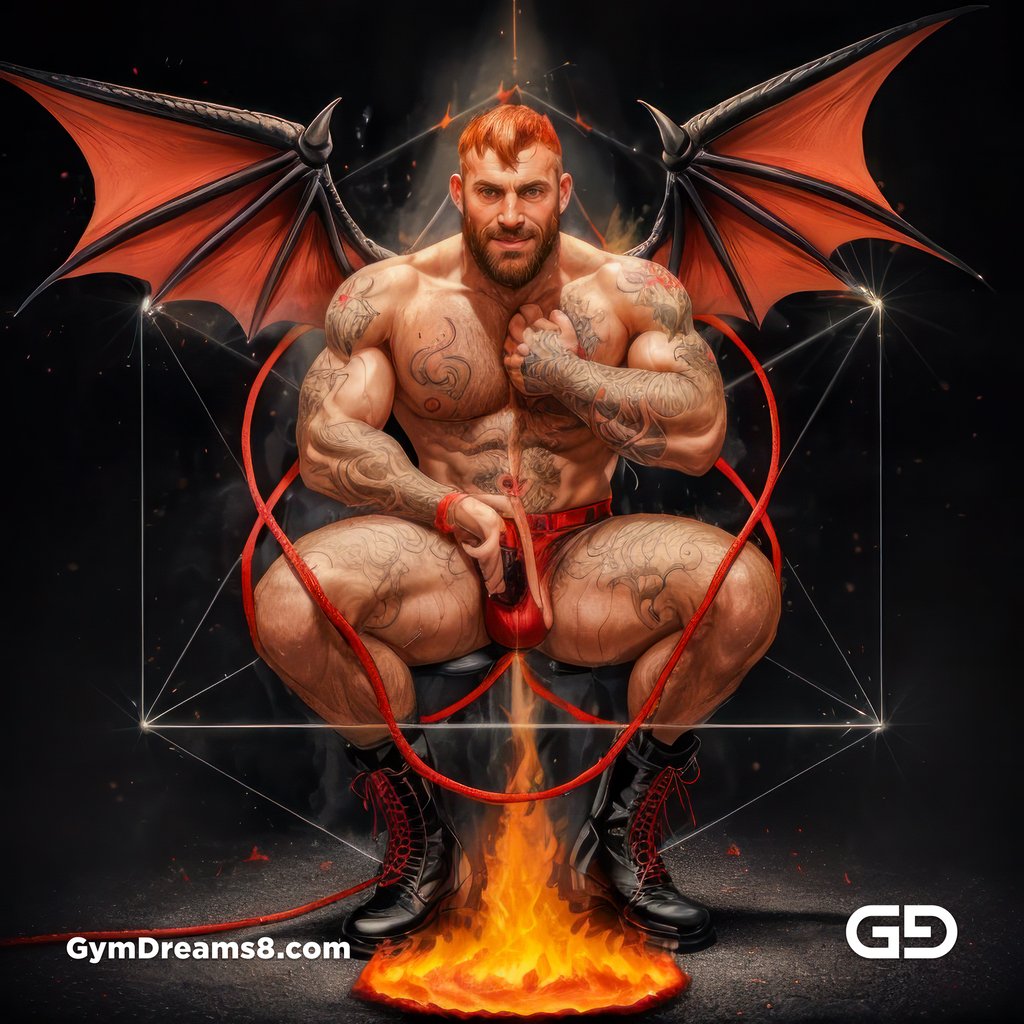 Seed of Life - Demon in Red. Sacred Geometry series. Stable Diffusion and Hunk with Latex, Jockstrap.