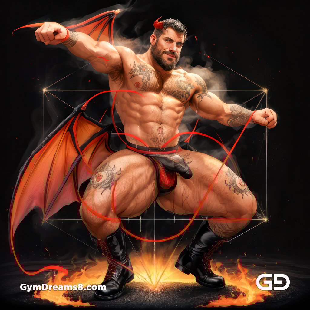 Seed of Life - Demon in Red. Sacred Geometry series. Stable Diffusion and Hunk with Latex, Jockstrap.