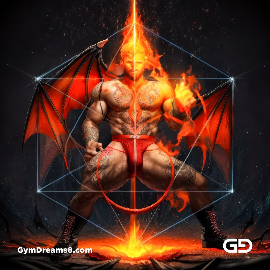 Seed of Life - Demon in Red. Sacred Geometry series. Stable Diffusion and Hunk with Latex, Jockstrap.