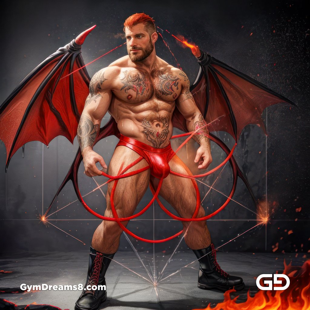 Seed of Life - Demon in Red. Sacred Geometry series. Stable Diffusion and Hunk with Latex, Jockstrap.