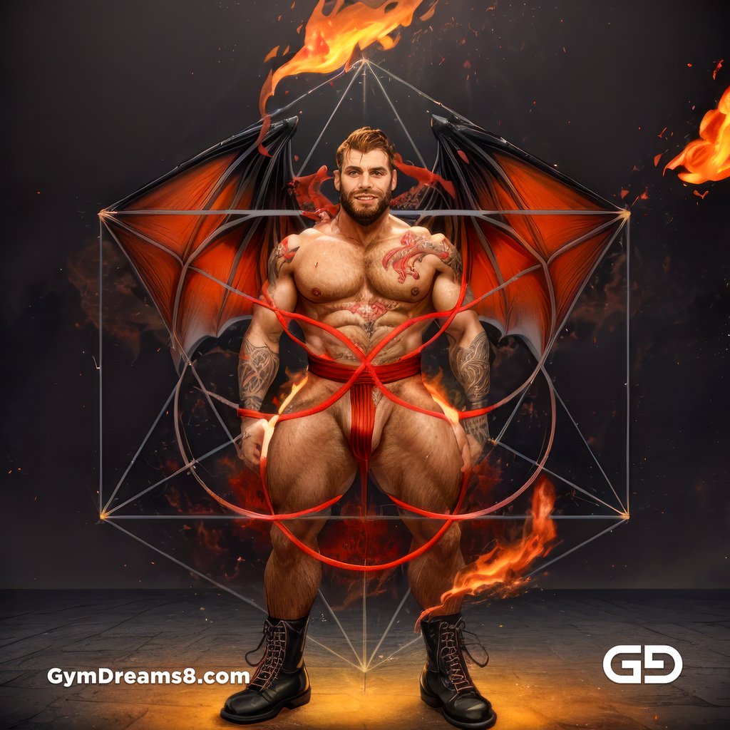 Seed of Life - Demon in Red. Sacred Geometry series. Stable Diffusion and Hunk with Latex, Jockstrap.
