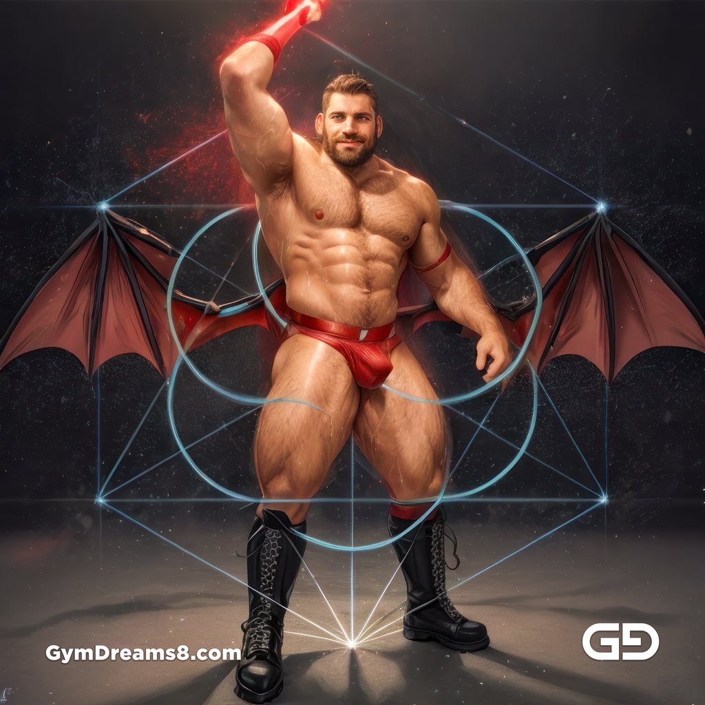 Seed of Life - Demon in Red. Sacred Geometry series. Stable Diffusion and Hunk with Latex, Jockstrap.