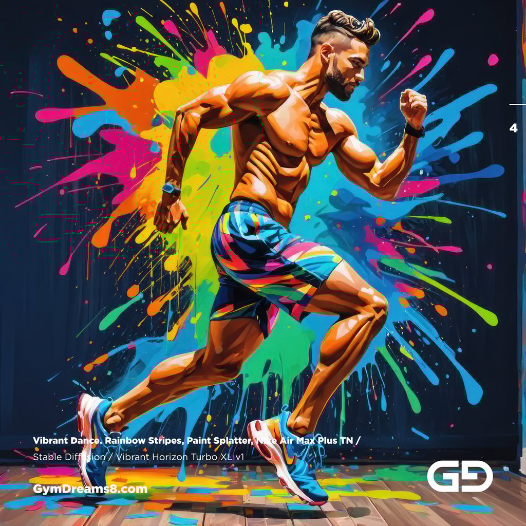 Vibrant Dance. Rainbow Stripes, Paint Splatter, Nike Air Max Plus TN. Stable Diffusion with Vibrant Horizon Turbo XL.