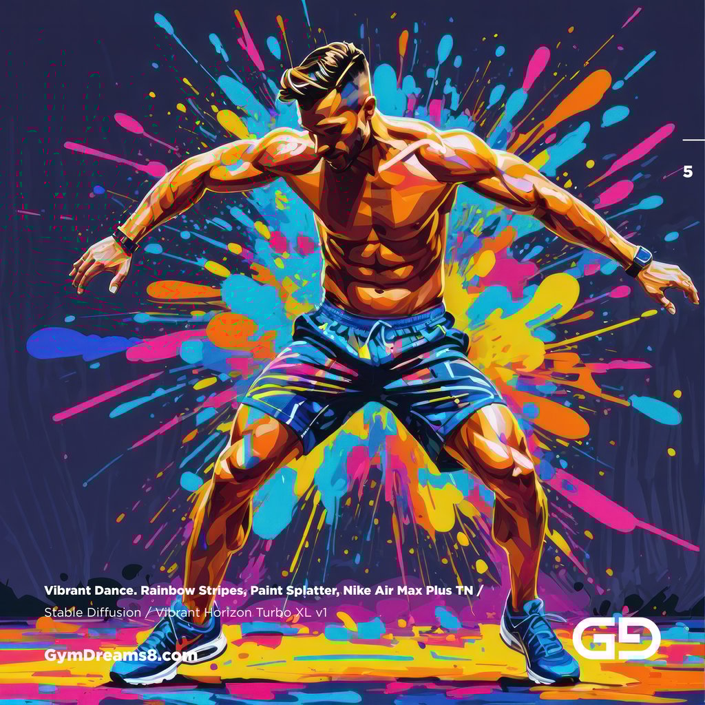 Vibrant Dance. Rainbow Stripes, Paint Splatter, Nike Air Max Plus TN. Stable Diffusion with Vibrant Horizon Turbo XL.