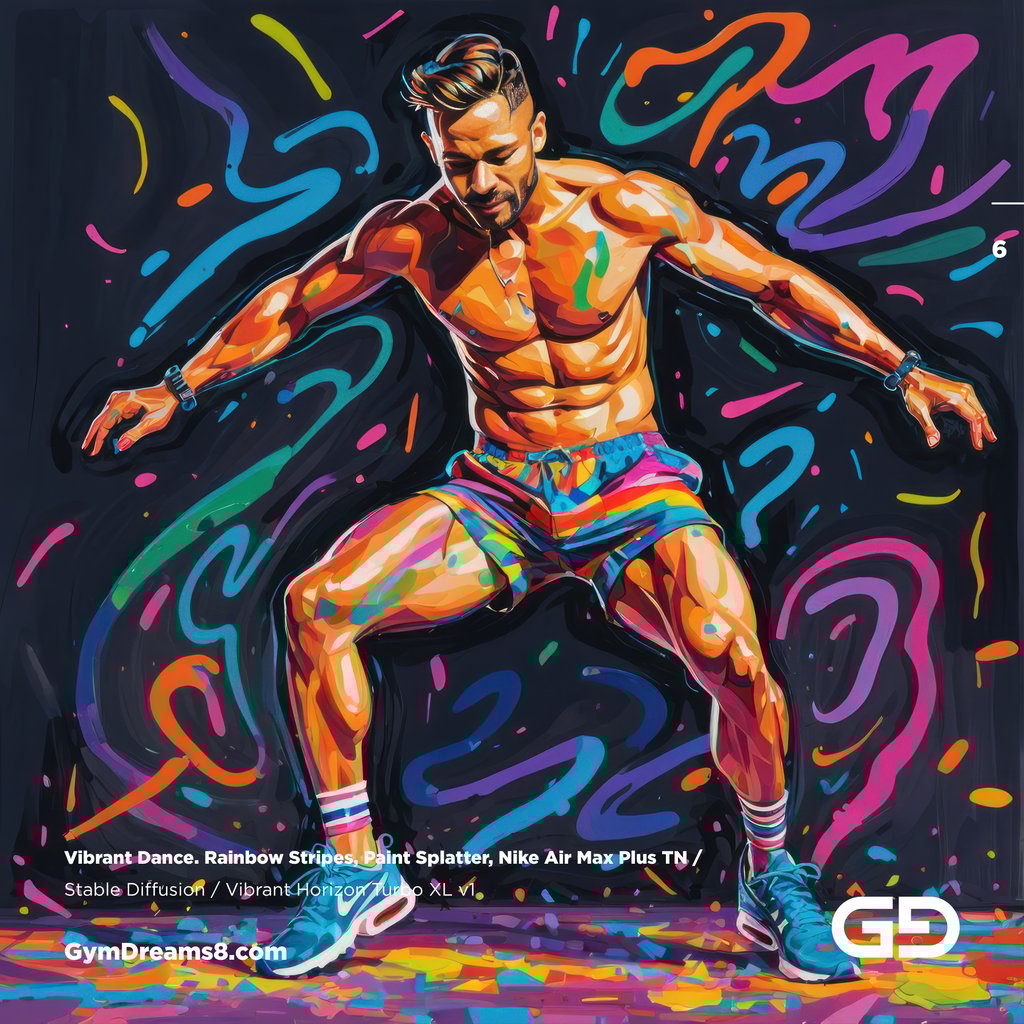 Vibrant Dance. Rainbow Stripes, Paint Splatter, Nike Air Max Plus TN. Stable Diffusion with Vibrant Horizon Turbo XL.