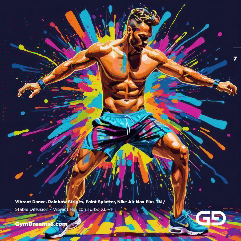 Vibrant Dance. Rainbow Stripes, Paint Splatter, Nike Air Max Plus TN. Stable Diffusion with Vibrant Horizon Turbo XL.