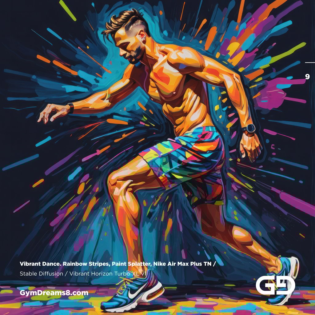 Vibrant Dance. Rainbow Stripes, Paint Splatter, Nike Air Max Plus TN. Stable Diffusion with Vibrant Horizon Turbo XL.