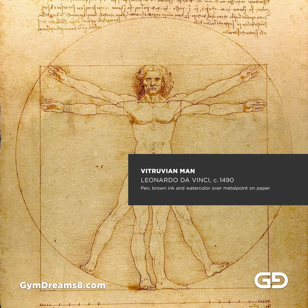 Vitruvian Man. Leonardo da Vinci. c. 1490. Pen, brown ink and watercolor over metalpoint on paper. Image from Wikipedia.