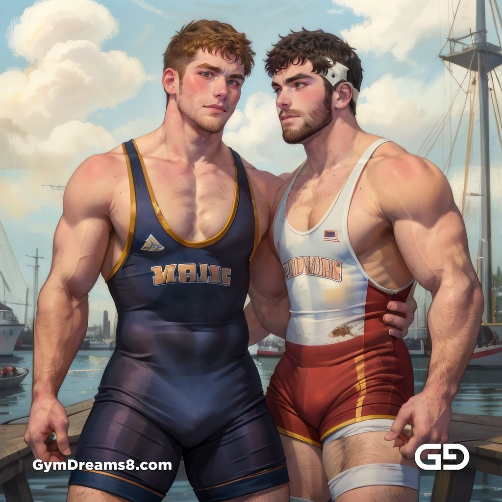 Wrestlers by the Docks, Singlets, blue and red singlets. Paintings, with Stable Diffusion and Virile Fusion.