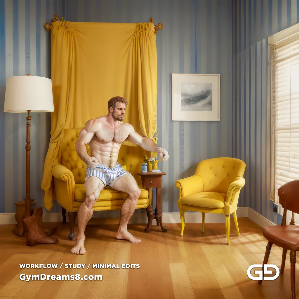 Studies. The Chair No. 2, after Elias Avramidis, 2023. Paintings of a man and a yellow chair. Rendered with Stable Diffusion and Airfuck’s Brute Mix.