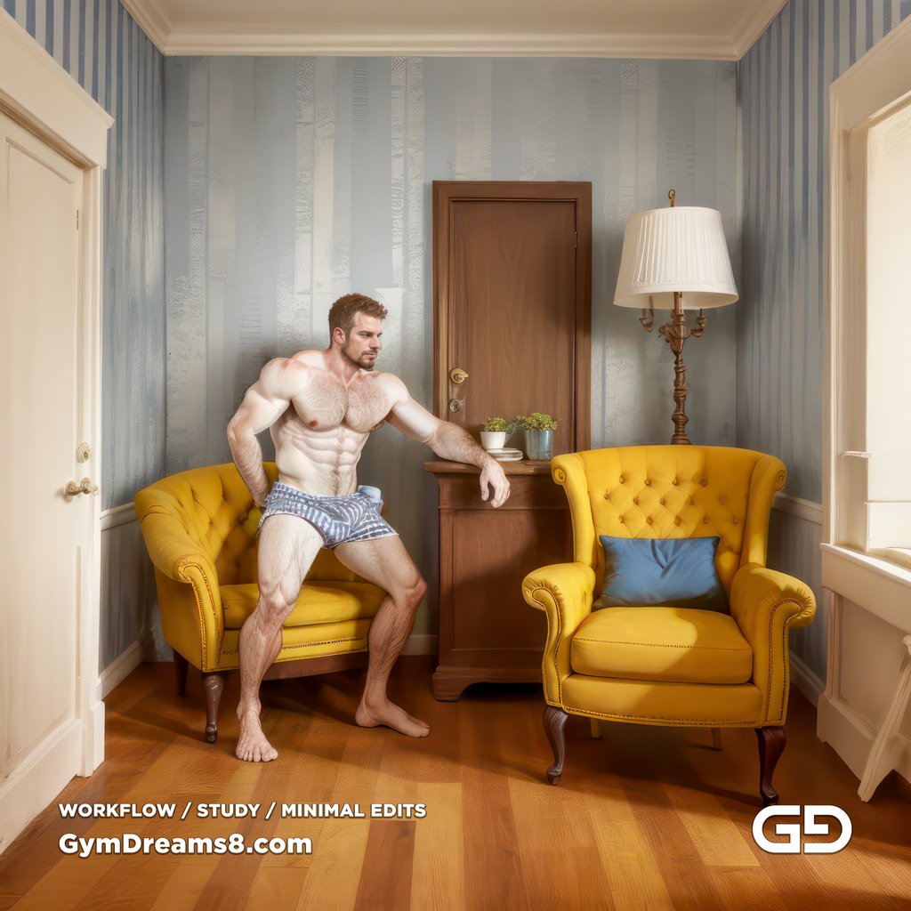 Studies. The Chair No. 2, after Elias Avramidis, 2023. Paintings of a man and a yellow chair. Rendered with Stable Diffusion and Airfuck’s Brute Mix.