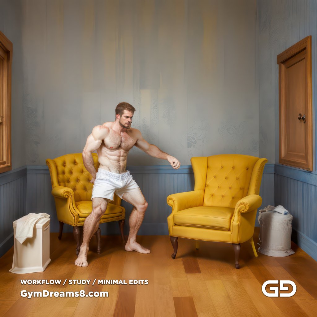 Studies. The Chair No. 2, after Elias Avramidis, 2023. Paintings of a man and a yellow chair. Rendered with Stable Diffusion and Airfuck’s Brute Mix.