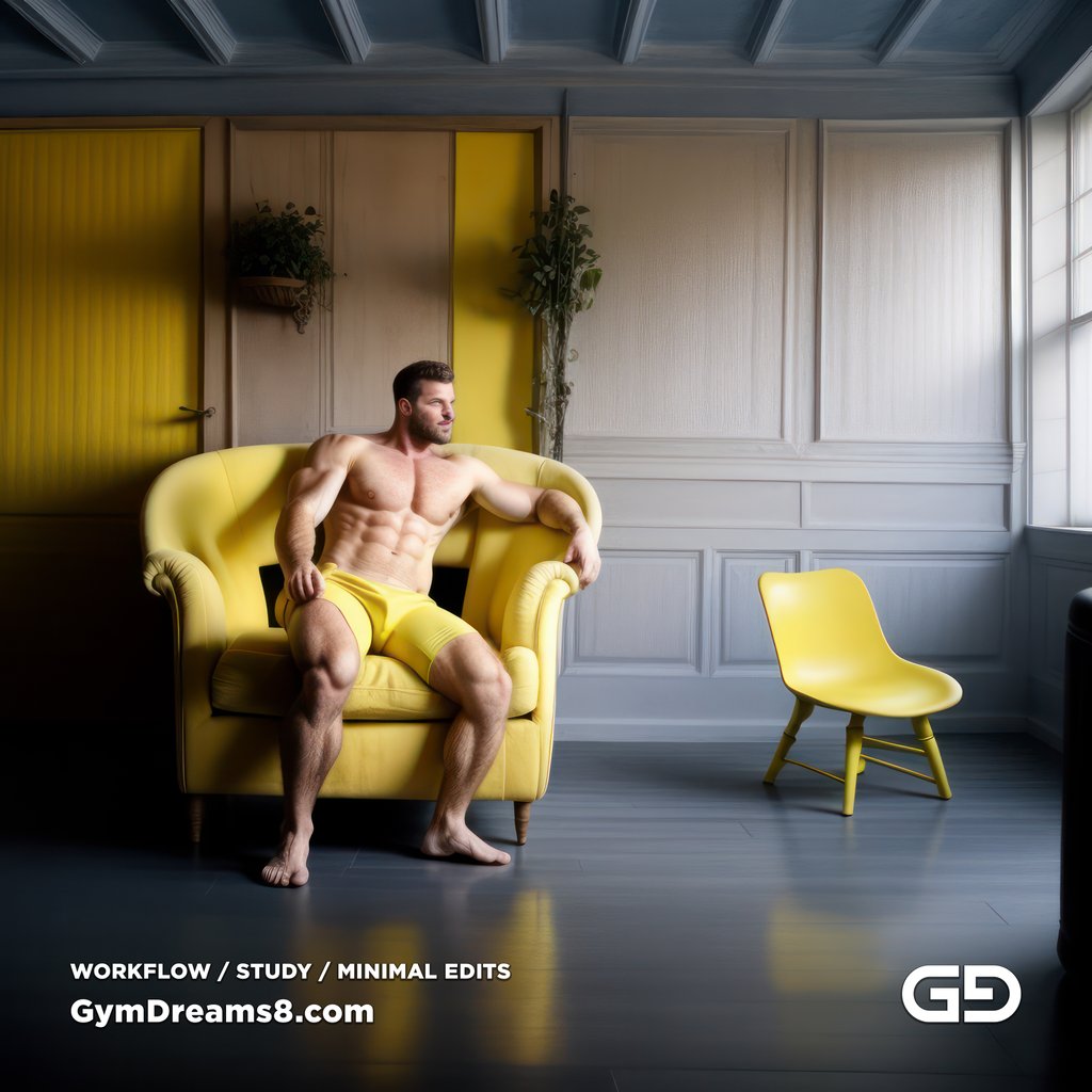 Studies. The Chair No. 2, after Elias Avramidis, 2023. Paintings of a man and a yellow chair. Rendered with Stable Diffusion and Virile Realty v3 Beta.