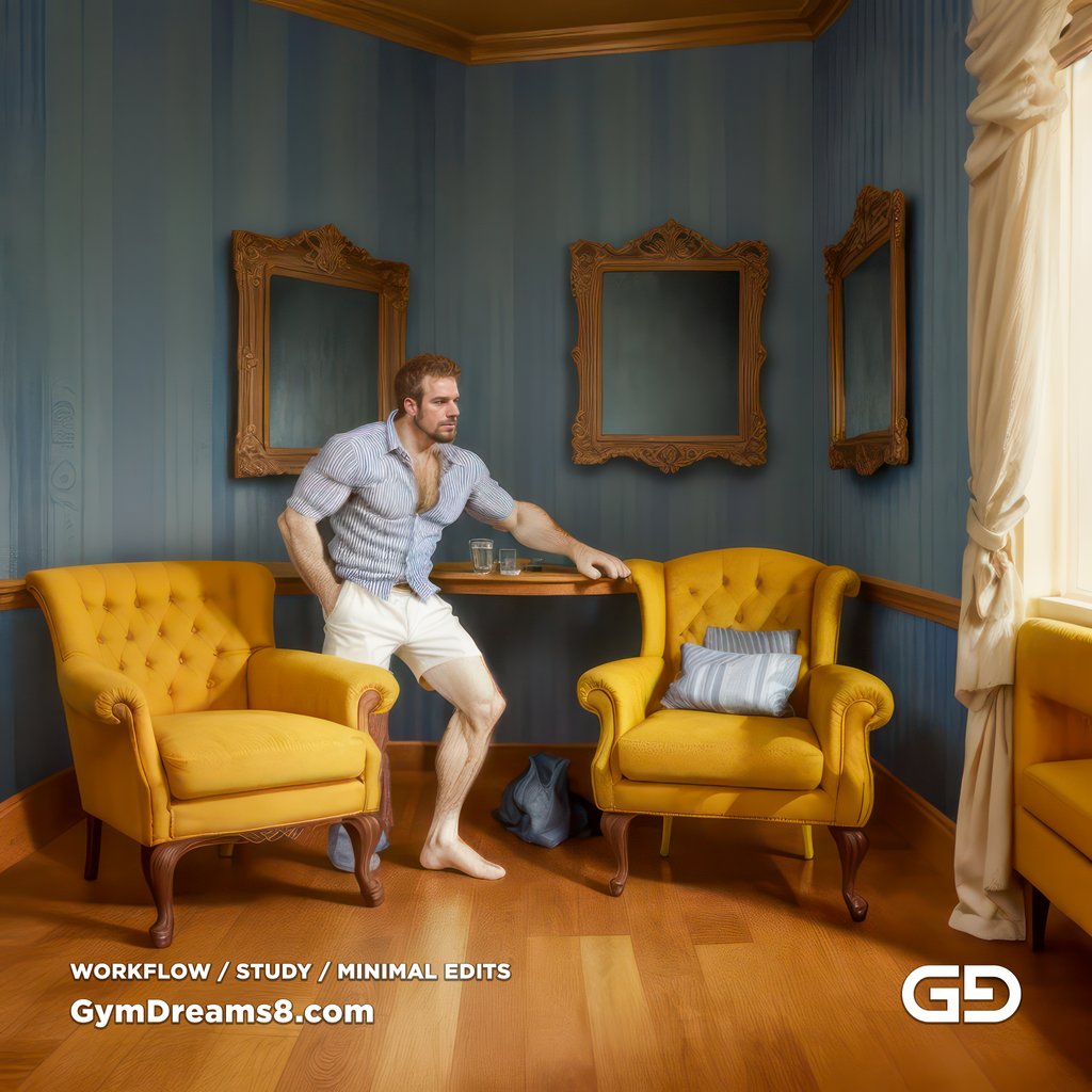 Studies. The Chair No. 2, after Elias Avramidis, 2023. Paintings of a man and a yellow chair. Rendered with Stable Diffusion and Airfuck’s Brute Mix.